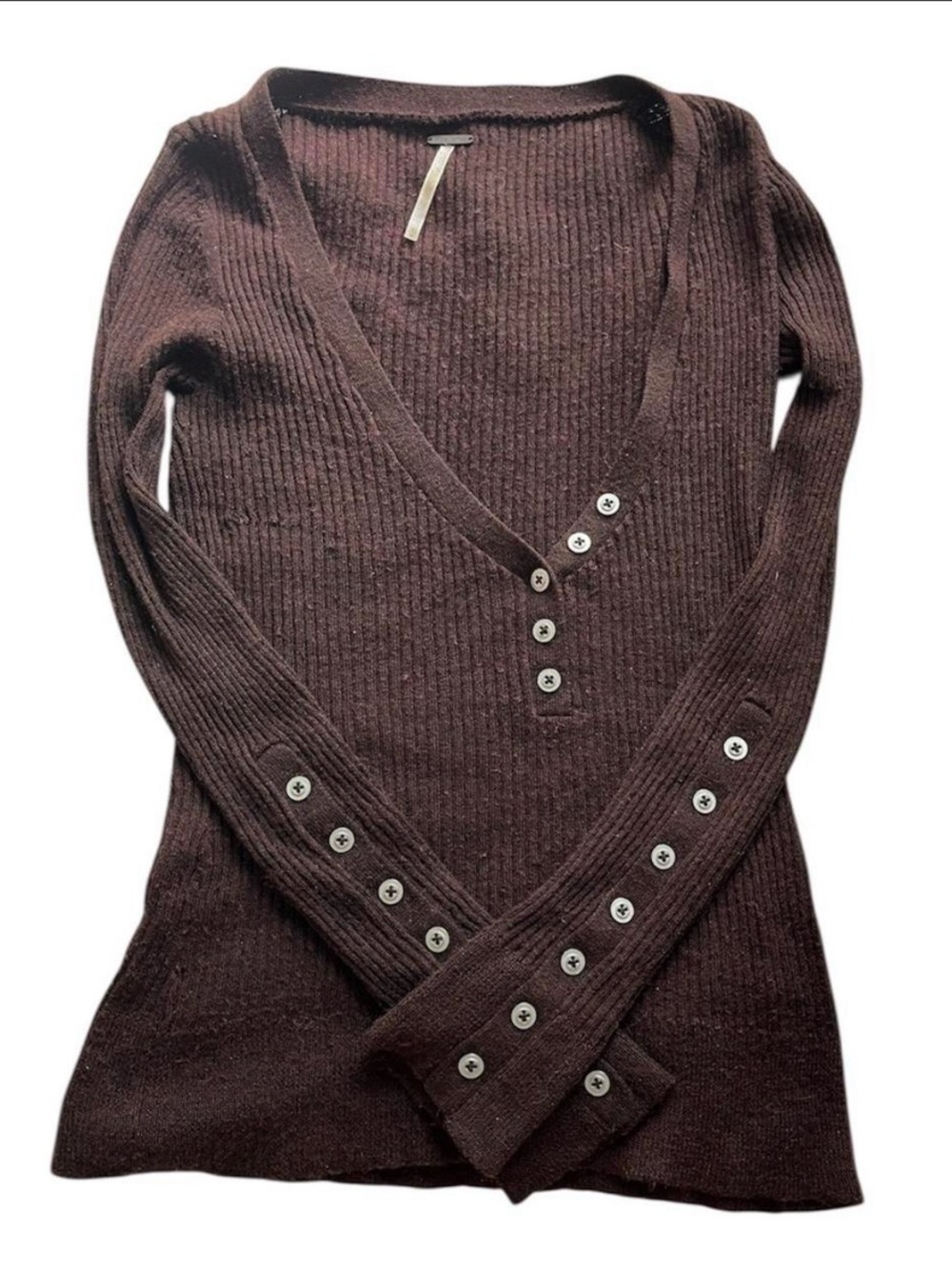 Vintage 2004 Free People Dark Brown Long Sleeve Rib Knit Henley Sweater Top